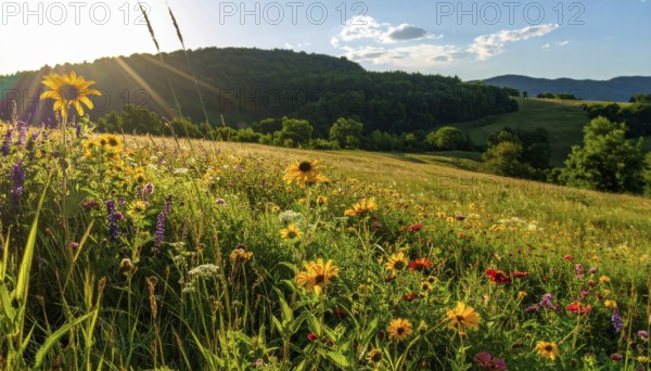 Late summer country landscape with colorful blooming meadow and sunbeam, AI generated