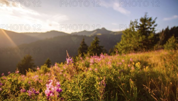 Late summer country landscape with colorful blooming meadow and sunbeam, AI generated