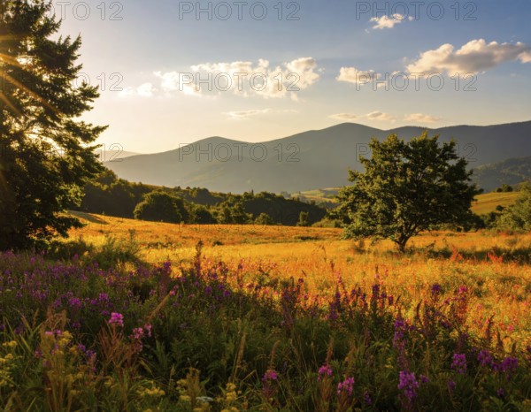 Late summer country landscape with colorful blooming meadow and sunbeam, AI generated