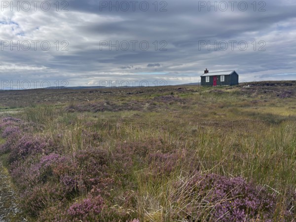 Lonely hut in a vast moorland landscape with cloudy sky, Isle of Lewis Hebrides, Scotland, Great Britain