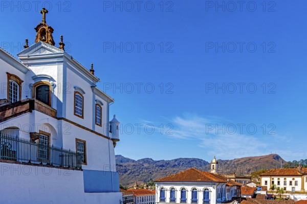 Buildings in the historic city of Ouro Preto nestled among the mountains of Minas Gerais, Ouro Preto, Minas Gerais, Brazil