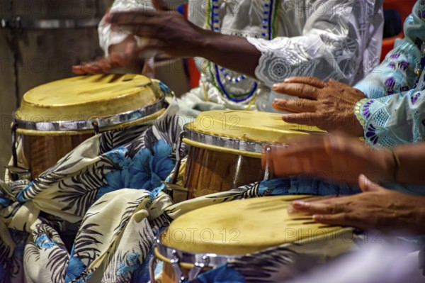 Decorated drums and atabaques during a religious festival of Umbanda in Brazil, Belo Horizonte, Minas Gerais, Brazil