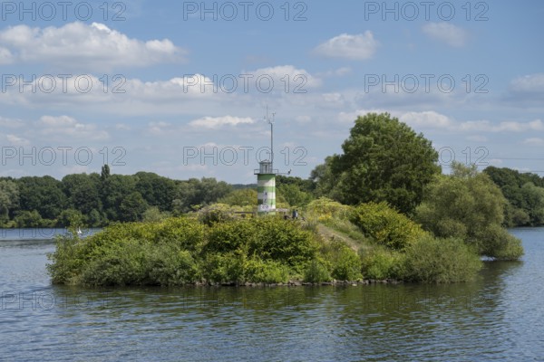Lighthouse on the island on Lake Kemnader, Heveney, Witten, Ruhr area, North Rhine-Westphalia, Germany