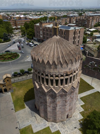 A tower with reddish stones, surrounded by streets and buildings, bird's eye view, aerial view, Holy Archangel Church, Echmiadzin, Echmiadzin, Ejmiacin, Vagharshapat, Vagharshapat, Vagharshapat, Valaršapat, Vagharshapat, Armavir Province, Armenia
