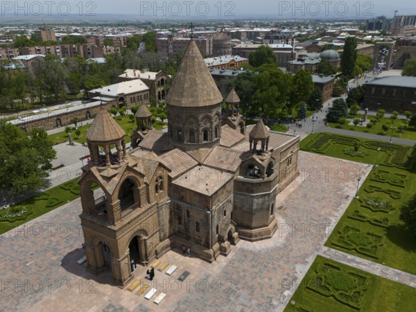 Close-up of a historic church with detailed architecture in urban surroundings, aerial view, historic, most important Armenian Orthodox cathedral, UNESCO World Heritage Site, Echmiadzin, Echmiadzin, Ejmiacin, Vagharshapat, Vagharshapat, Vagharshapat, Valaršapat, Vagharshapat, Armavir Province, Armenia