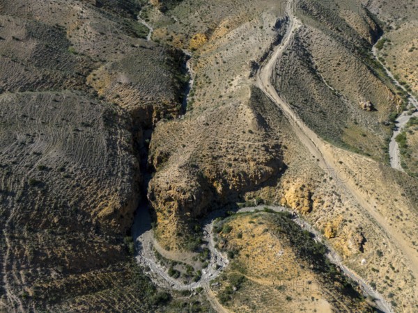 View of hilly landscape with clearly visible unpaved roads, aerial view, Angel's Canyon, canyon, Dashtakar, Ararat Province, Armenia