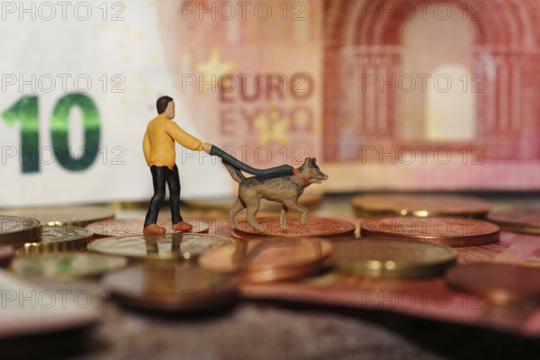 Miniature figure man with miniature shepherd dog on a lead, with coins and ten euro note North Rhine-Westphalia, Germany