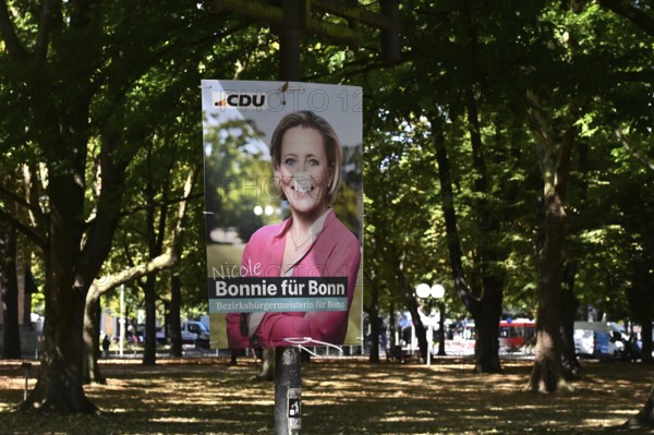 CDU politician Nicole Bonnie. Posters for the North Rhine-Westphalia municipal election campaign in Bonn around the Hofgarten in the university district