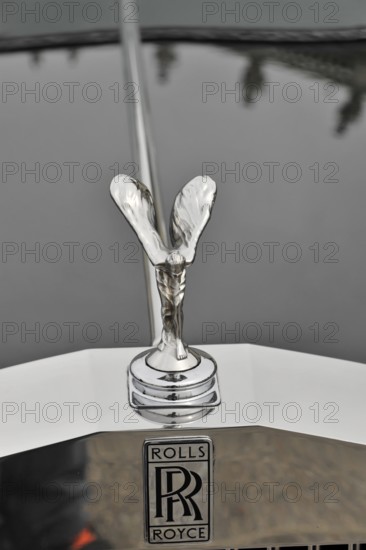 Close-up of the iconic Rolls-Royce emblem on the radiator, Retro Classics meets Baroque, Ludwigsburg, Baden-Württemberg, Germany