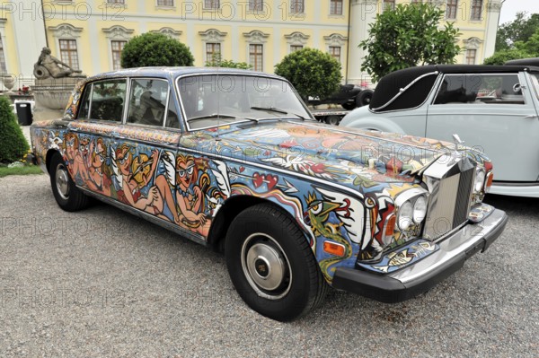 Rolls-Royce Bouchet Silver Wraith II, year of manufacture 1977, Artistically painted Rolls-Royce with a lively design at an exhibition, Retro Classics meets Baroque, Ludwigsburg, Baden-Württemberg, Germany