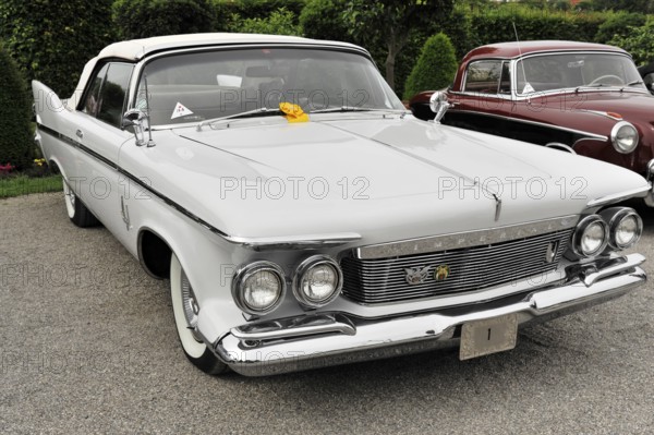 Chrysler S Imperial Crown, Classic car, White classic car with an elegant vintage look on a gravel square, Retro Classics meets Baroque, Ludwigsburg, Baden-Württemberg, Germany