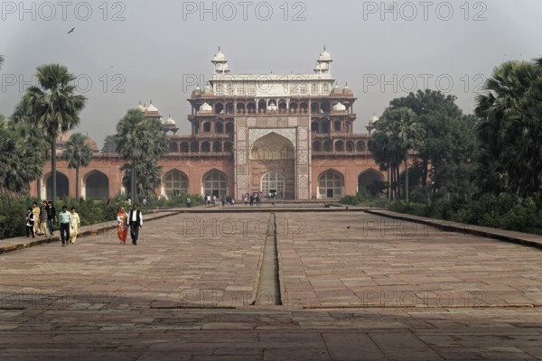Mausoleum of Itimat-ud-Daula, Tomb, Agra, Uttar Pradesh, India, Asia, Entrance portal of a mausoleum amidst palm trees, under a slightly cloudy sky, Jodhpur, Rajasthan, North India