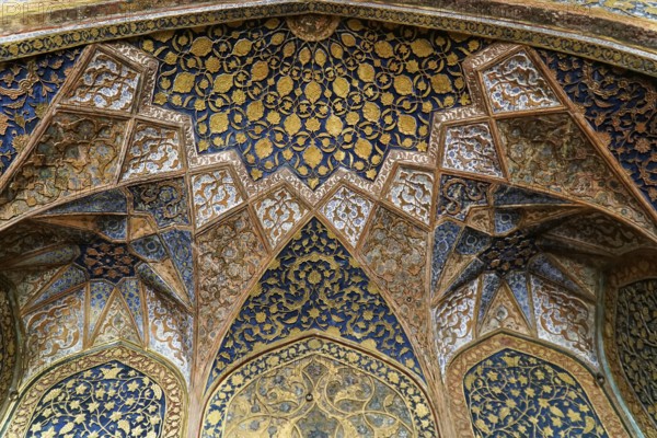 Mausoleum of Itimat-ud-Daula, Tomb, Agra, Uttar Pradesh, India, Asia, Complex ornamentation in blue and gold tones on an architectural surface, Jodhpur, Rajasthan, North India