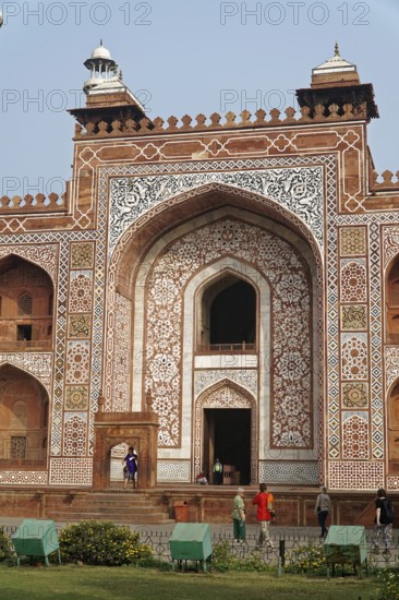 Mausoleum of Itimat-ud-Daula, Tomb, Agra, Uttar Pradesh, India, Asia, Close-up of the ornate entrance of a mausoleum with people in front of it, Jodhpur, Rajasthan, North India
