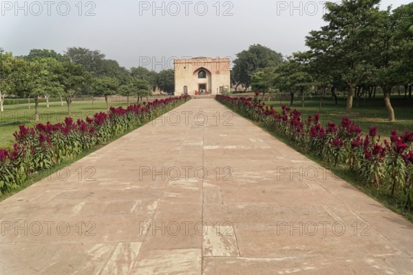 Mausoleum of Itimat-ud-Daula, Tomb, Agra, Uttar Pradesh, India, Asia, Wide path leading to a historic building lined with celosia flowers, Jodhpur, Rajasthan, North India