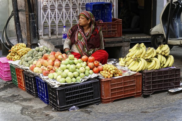 Udaipur, Rajasthan, North India, Asia, woman selling various fruits in plastic boxes at a market stall