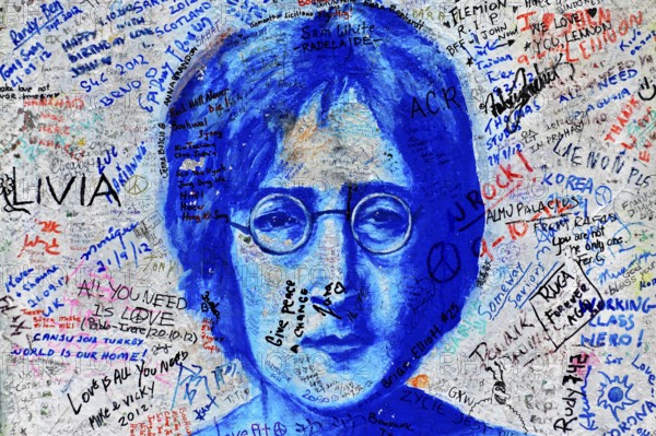 John Lennon Wall, Graffiti, Prague, Czech Republic, Europe, Colourful graffiti by John Lennon surrounded by handwritten messages and texts
