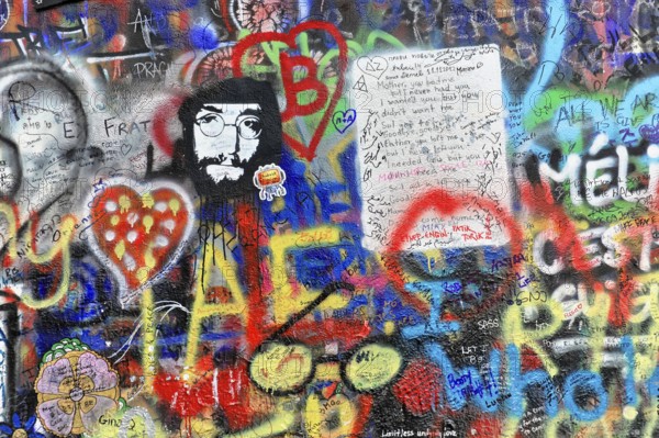 John Lennon Wall, Graffiti, Prague, Czech Republic, Europe, Graffiti with John Lennon motif and heartfelt messages in vivid colours