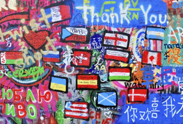 John Lennon Wall, Graffiti, Prague, Czech Republic, Europe, Graffiti with various flags and messages of thanks on a wall
