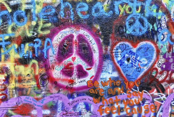 John Lennon Wall, Graffiti, Prague, Czech Republic, Europe, Colourful graffiti with peace and heart motifs and an inspiring message