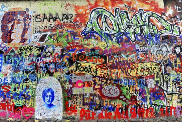 John Lennon Wall, Graffiti, Prague, Czech Republic, Europe, Colourful graffiti wall with portrait and numerous peaceful messages
