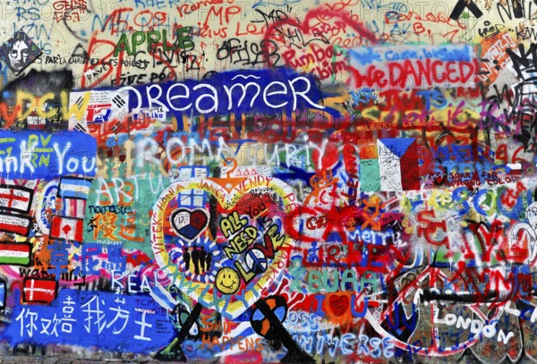 John Lennon Wall, Graffiti, Prague, Czech Republic, Europe, Living graffiti wall with various symbols and texts