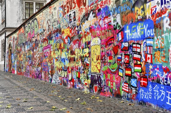 John Lennon Wall, Graffiti, Prague, Czech Republic, Europe, Long graffiti wall on a cobblestone street, autumnal feeling