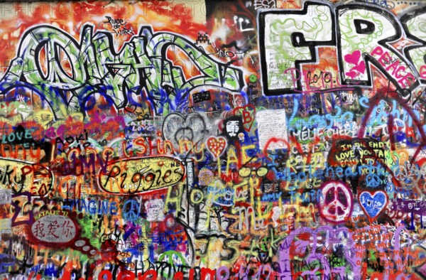 John Lennon Wall, Graffiti, Prague, Czech Republic, Europe, Lively and colourful graffiti full of different lettering