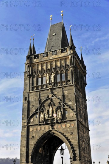 Old Town Bridge Tower on Charles Bridge in Prague, Gothic tower with ornate architectural details, Prague, Czech Republic