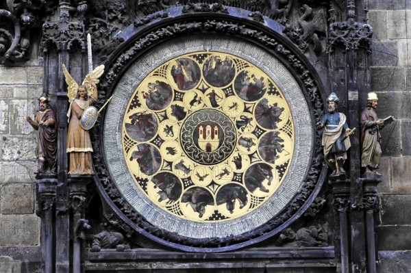 Old Town Hall, Old Town Square, Prague, Czech Republic, Close-up of the astronomical clock with ornate figures and decorations in Prague, Prague, Czech Republic