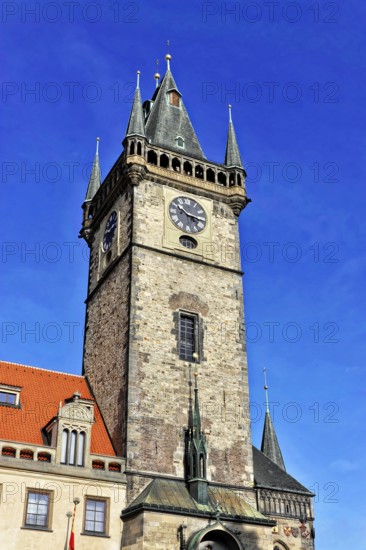 Old Town Hall, Old Town Square, Prague, Czech Republic, Europe, Historic clock tower in Prague with impressive architecture under a clear sky