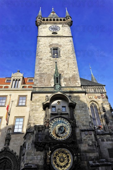 Old Town Hall, Old Town Square, Prague, Czech Republic, Historical tower with astronomical clock in Prague under a blue sky, Prague, Czech Republic