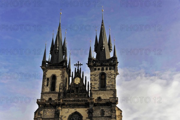 Church of Our Lady in front of Tyn of Prague, Prague, Czech Republic, Europe, Majestic gothic church towers against a blue sky, Czech Republic