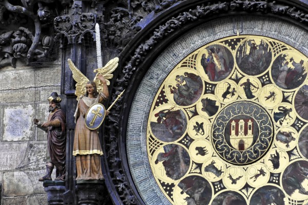 Old Town Hall, Old Town Square, Prague, Czech Republic, Astronomical clock with ornate decorations and statues, Prague, Czech Republic