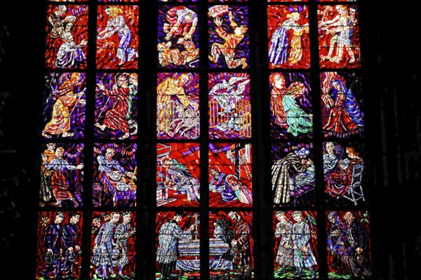 St Vitus or St Vitus Cathedral, Hradcany, Prague, Czech Republic, Europe, Close-up of a stained glass window depicting detailed scenes and figures