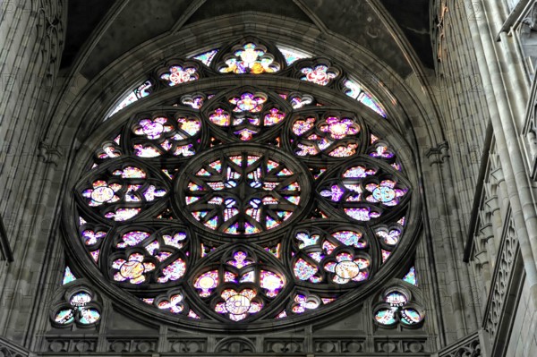 St. Vitus or St. Vitus Cathedral, Hradcany, Prague, Czech Republic, Europe, Large rose window with artistic stained glass decoration and Gothic elements