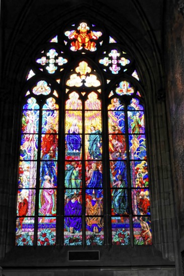 St. Vitus or St. Vitus Cathedral, Hradcany, Prague, Czech Republic, Europe, Detailed stained glass window with brilliant colours and religious motifs