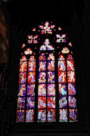 St. Vitus or St. Vitus Cathedral, Hradcany, Prague, Czech Republic, Europe, stained glass windows with complex, colourful patterns and historical scenes