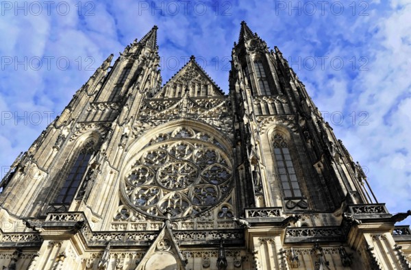 St Vitus Cathedral, Hradcany, Prague, Czech Republic, Europe, Impressive Gothic cathedral with detailed facades and an imposing round window