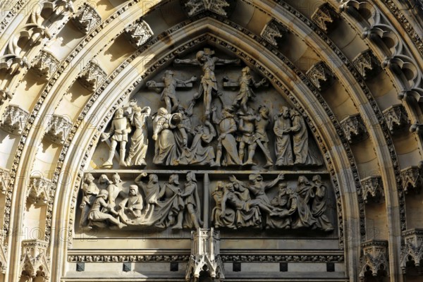 St Vitus or St Vitus Cathedral, Hradcany, Prague, Czech Republic, Europe, Detail of a Gothic relief with religious scenes on a cathedral