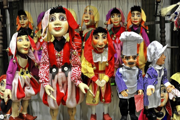 Prague puppets, Prague, Czech Republic, Europe, Colourful puppets of different characters, cheerful costumes, lively performance