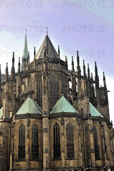 St Vitus or St Vitus Cathedral, Hradcany, Prague, Czech Republic, Europe, Gothic cathedral with high towers and detailed stonework under a blue sky