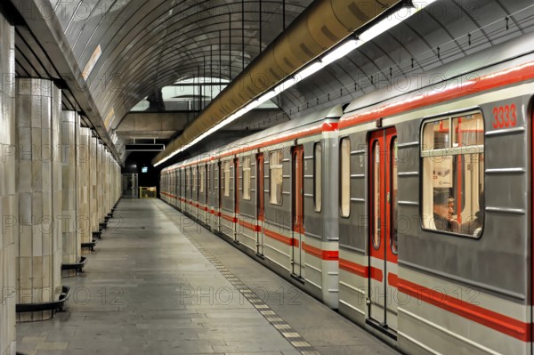 Mustek underground station, Prague, Czech Republic, Europe, Modern underground train in a quiet-looking station