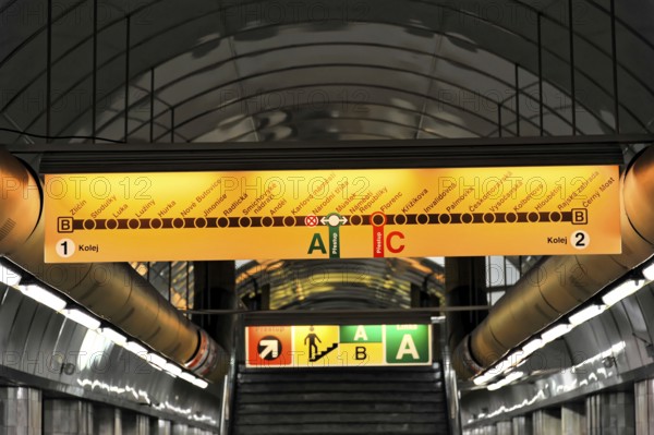 Metro station with illuminated line map and modern elements, Prague, Czech Republic