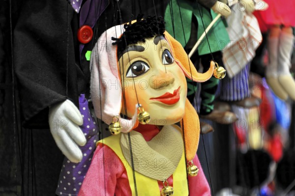 Prague Marionettes, Prague, Czech Republic, Europe, Close-up of a marionette with a colourful facial expression and small detail