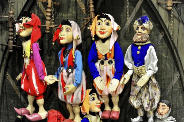 Prague Marionettes, Prague, Czech Republic, Europe, Various marionettes, colourfully dressed, cheerful atmosphere with detailed puppets