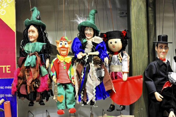 Prague Marionettes, Prague, Czech Republic, Europe, Colourful, imaginatively designed marionettes in classical costumes in front of a wooden frame