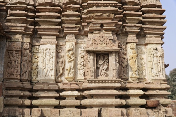 Kota, Rajasthan, North India, Asia, Temple facade with elaborate stone carvings and Hindu reliefs, India