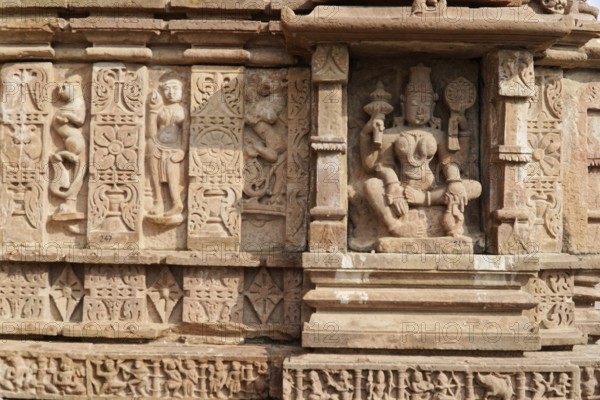 Kota, Rajasthan, North India, Asia, Detailed stone carvings with Hindu figures at a temple, India