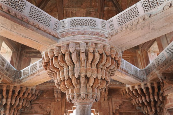 Sawai Madhopur, Kota, Rajasthan, North India, Asia, Detailed stone sculpture and ceiling decoration in a historic building in India, India